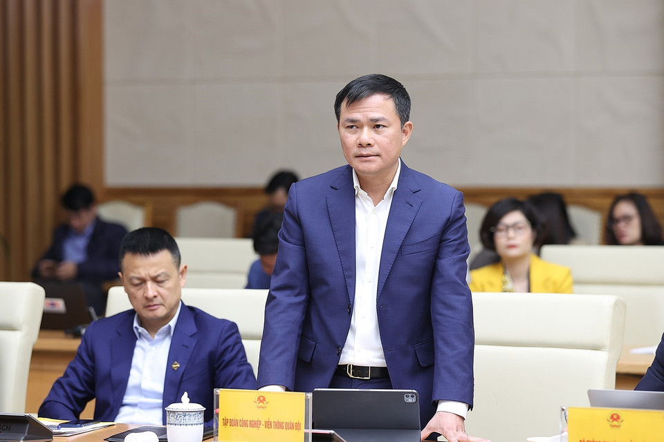 Chủ tịch kiêm Tổng Giám đốc Tập đoàn Công nghiệp-Viễn thông Quân đội (Viettel) Tào Đức Thắng phát biểu. (Ảnh: Dương Giang/TTXVN)