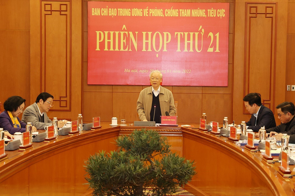 Tổng Bí thư Nguyễn Phú Trọng phát biểu kết luận Phiên họp thứ 21. (Ảnh: Trí Dũng/TTXVN)