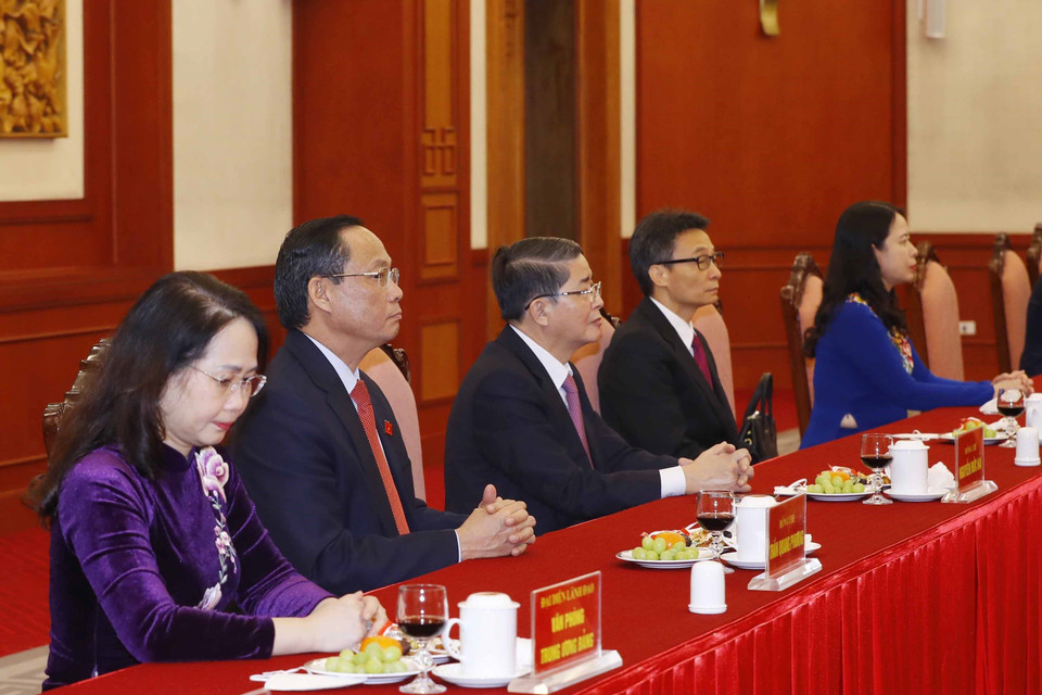 Lãnh đạo Đảng, Nhà nước tại buổi gặp mặt. (Ảnh: Phương Hoa/TTXVN)