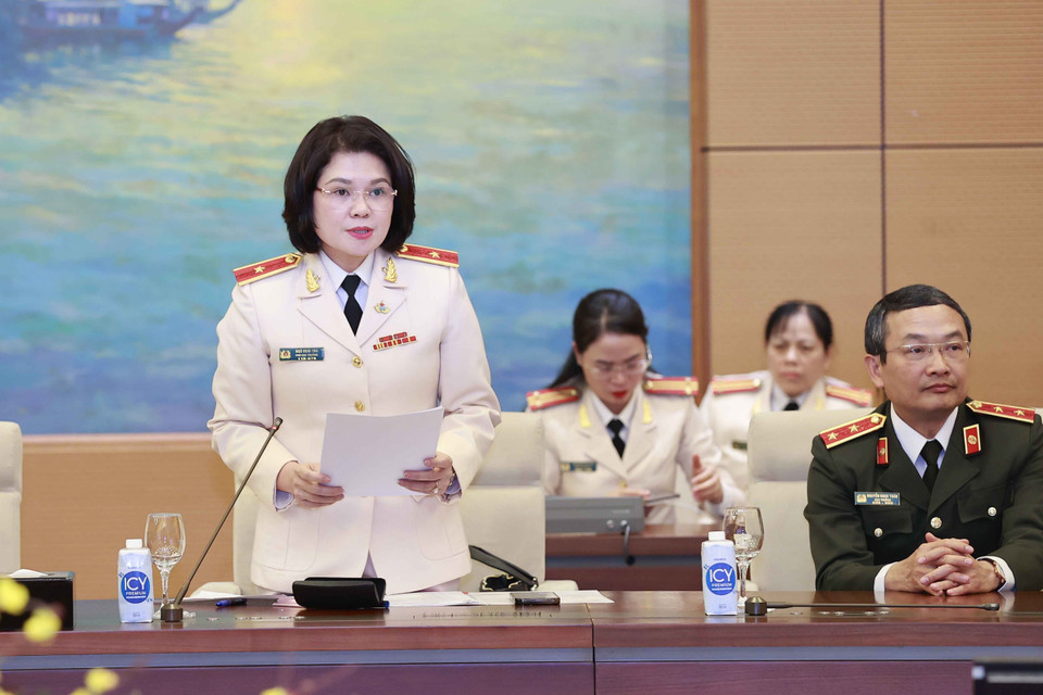 Thiếu tướng Ngô Hoài Thu, Trưởng Ban Phụ nữ Công an nhân dân, Phó Cục trưởng Cục Công tác đảng và công tác chính trị, Bộ Công an phát biểu. (Ảnh: Doãn Tấn/TTXVN)