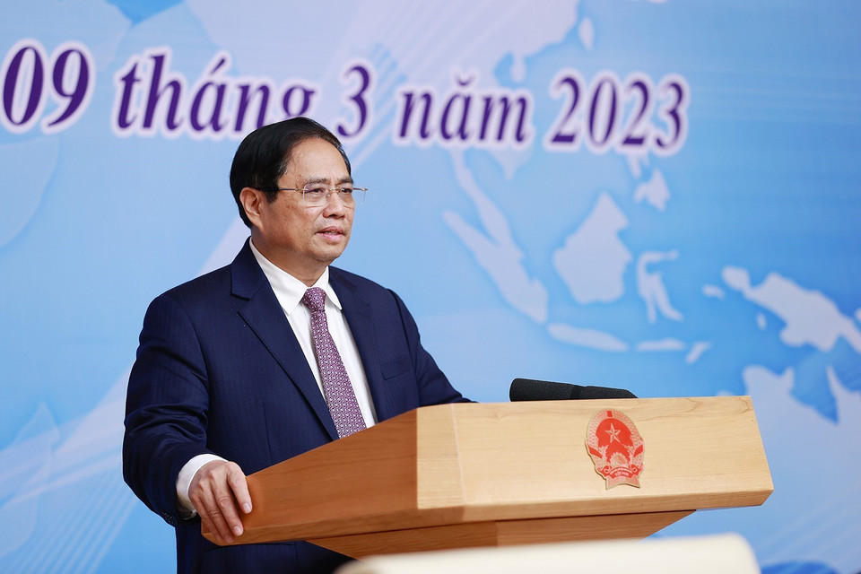 Thủ tướng Phạm Minh Chính khai mạc Hội nghị Triển khai Chương trình Hành động của Chính phủ về Ngoại giao Kinh tế. (Ảnh: Dương Giang/TTXVN)