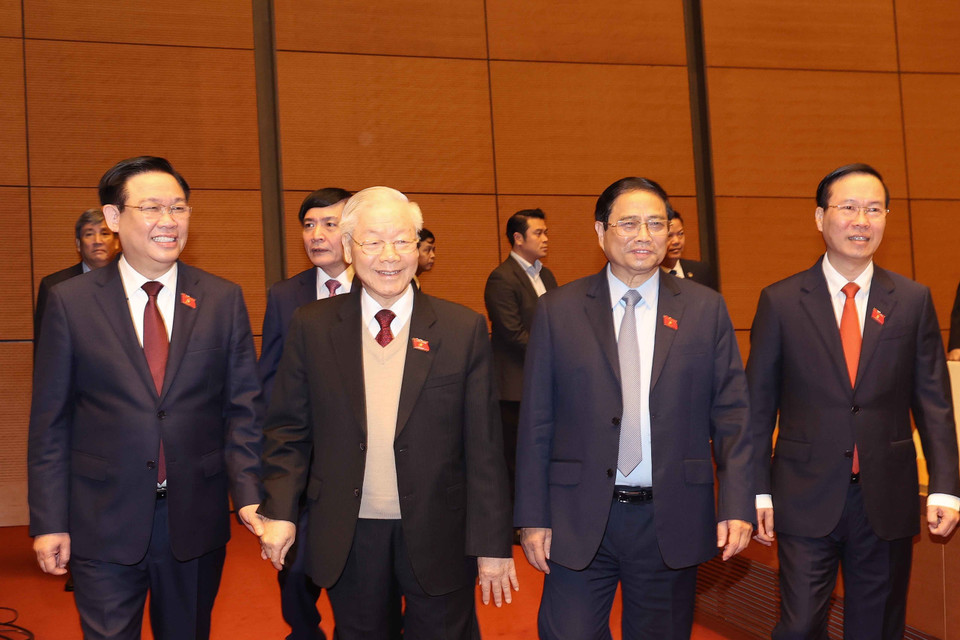 Tổng Bí thư Nguyễn Phú Trọng với các lãnh đạo Đảng, Nhà nước. (Ảnh: TTXVN)