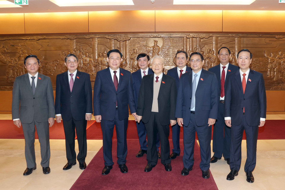 Tổng Bí thư Nguyễn Phú Trọng và các lãnh đạo Đảng, Nhà nước đến dự kỳ họp. (Ảnh: TTXVN)