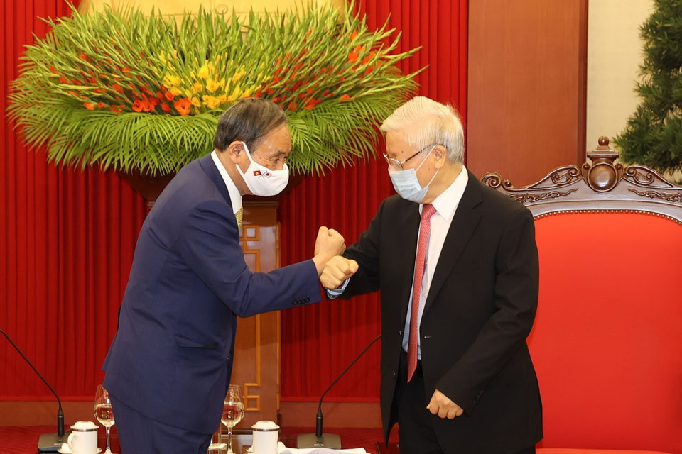 Tổng Bí thư, Chủ tịch nước Nguyễn Phú Trọng tiếp Thủ tướng Nhật Bản Suga Yoshihide. (Ảnh: Trí Dũng/TTXVN)