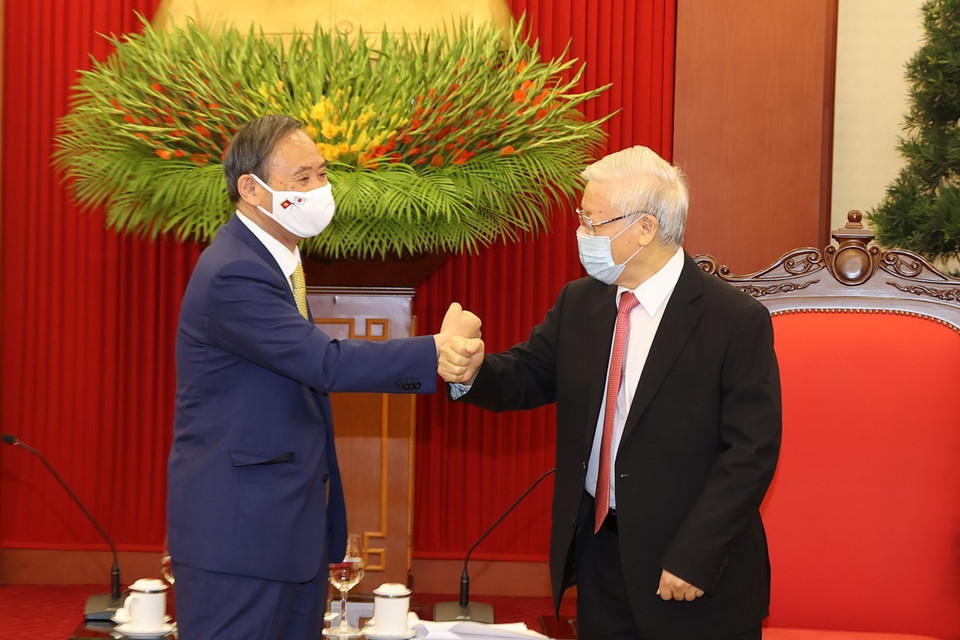 Tổng Bí thư, Chủ tịch nước Nguyễn Phú Trọng tiếp Thủ tướng Nhật Bản Suga Yoshihide. (Ảnh: Trí Dũng/TTXVN)