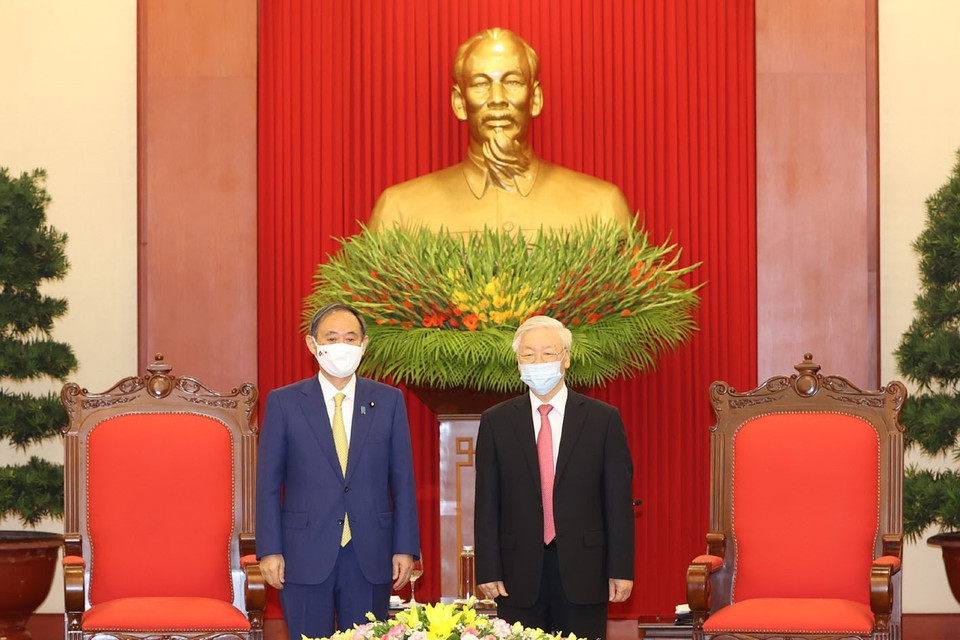 Tổng Bí thư, Chủ tịch nước Nguyễn Phú Trọng tiếp Thủ tướng Nhật Bản Suga Yoshihide. (Ảnh: Trí Dũng/TTXVN)