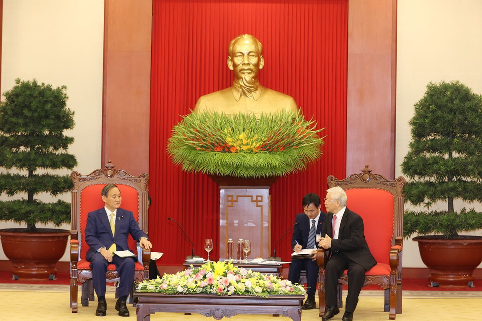 Tổng Bí thư, Chủ tịch nước Nguyễn Phú Trọng tiếp Thủ tướng Nhật Bản Suga Yoshihide. (Ảnh: Trí Dũng/TTXVN)