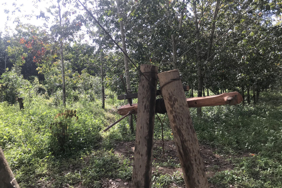 Hệ thống cáp treo được kết nối bởi những khúc gỗ với sợi thép không chắc chắn. (Ảnh: Khoa Chương/TTXVN)