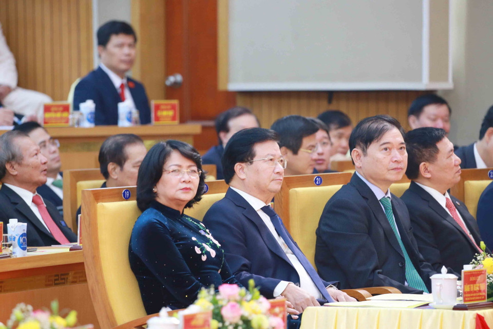 Các lãnh đạo Đảng, Nhà nước, Quốc hội dự Đại hội Đảng bộ tỉnh Hưng Yên. (Ảnh: Phương Hoa/TTXVN)