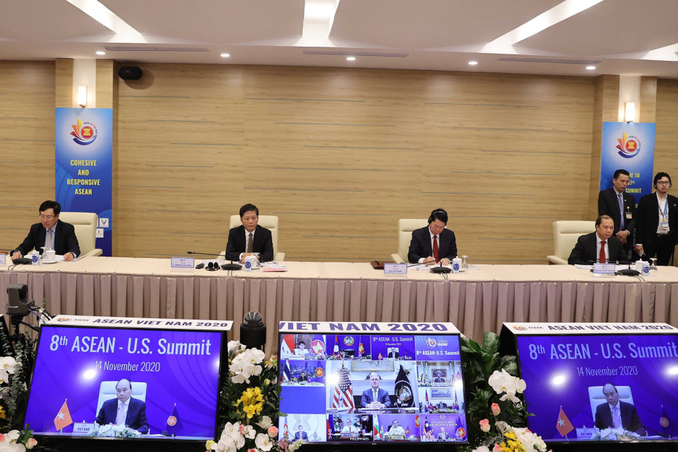 Các đại biểu dự Hội nghị Cấp cao ASEAN-Hoa Kỳ lần thứ 8 tại điểm cầu Hà Nội. (Ảnh: Thống Nhất/TTXVN)