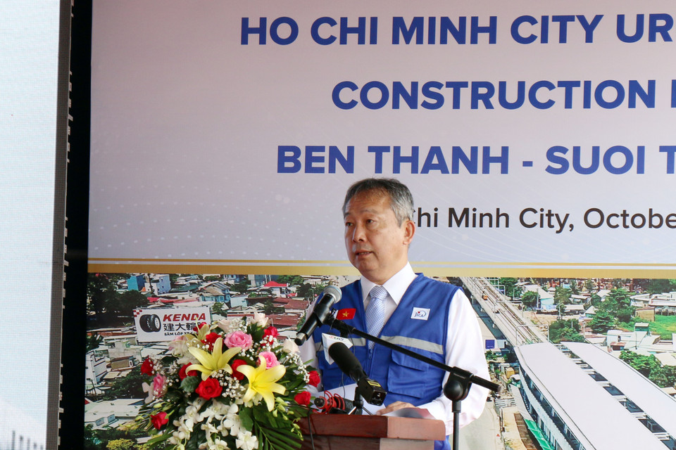 Đại sứ Nhật Bản tại Việt Nam Yamada Takio phát biểu tại lễ đón tàu. (Ảnh: Tiến Lực/TTXVN)