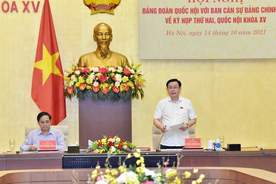  Ủy viên Bộ Chính trị, Bí thư Đảng đoàn Quốc hội, Chủ tịch Quốc hội Vương Đình Huệ phát biểu. (Ảnh: TTXVN)