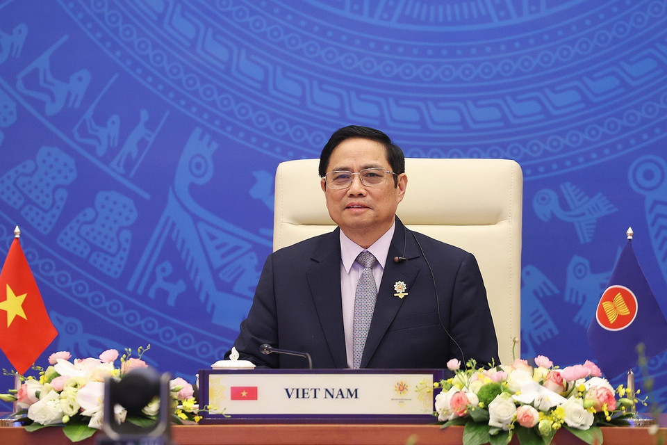 Tối 26/10, Thủ tướng Chính phủ Phạm Minh Chính tham dự và phát biểu tại Hội nghị cấp cao ASEAN-Hoa Kỳ lần thứ 9 theo hình thức trực tuyến. (Ảnh: Dương Giang/TTXVN)
