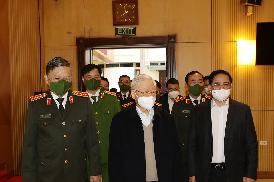  Sáng 21/12, Tổng Bí thư Nguyễn Phú Trọng đến dự Hội nghị Đảng ủy Công an Trung ương. (Ảnh: Trí Dũng/TTXVN)