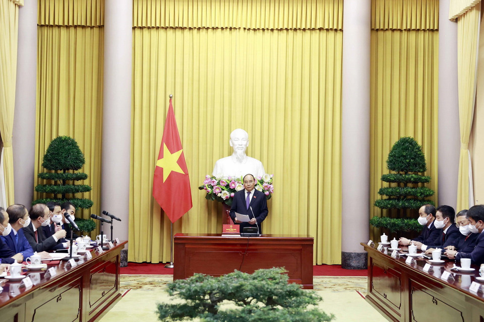  Chủ tịch nước Nguyễn Xuân Phúc phát biểu tại lễ trao quyết định bổ nhiệm. (Ảnh: Thống Nhất/TTXVN)
