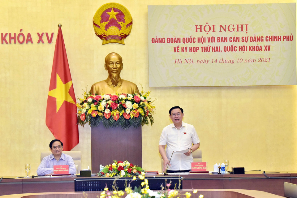  Ủy viên Bộ Chính trị, Bí thư Đảng đoàn Quốc hội, Chủ tịch Quốc hội Vương Đình Huệ phát biểu. (Ảnh: TTXVN)