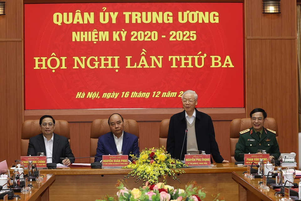  Tổng Bí thư Nguyễn Phú Trọng, Bí thư Quân ủy Trung ương chủ trì Hội nghị. (Ảnh: Trí Dũng/TTXVN)
