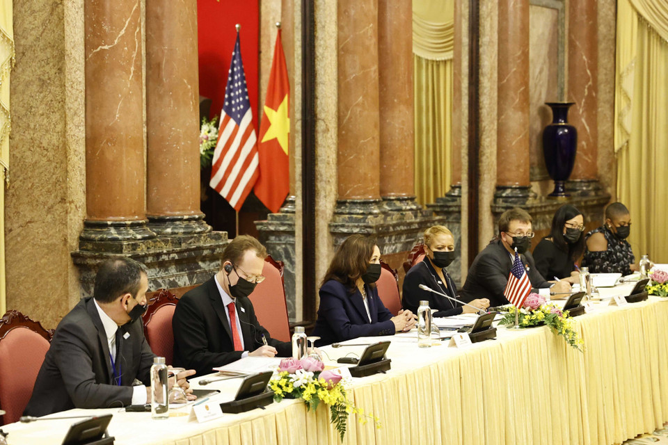 Phó Tổng thống Hoa Kỳ Kamala Harris tại buổi tiếp. (Ảnh: Thống Nhất/TTXVN)