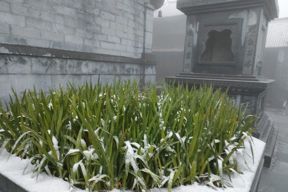 Đoàn khách tới tham quan đỉnh Fansipan sáng sớm nay là những người đầu tiên chiêm ngưỡng khung cảnh ấn tượng này trong đợt mưa tuyết cuối năm nay. (Ảnh: CTV/Vietnam+)