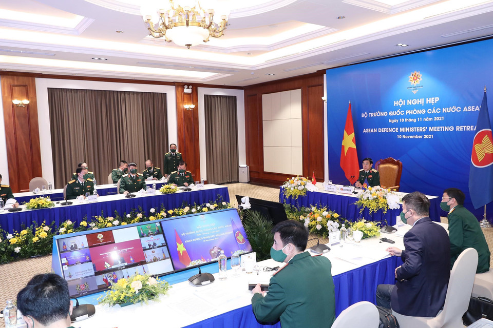 Đại tướng Phan Văn Giang, Bộ trưởng Bộ Quốc phòng Việt Nam, dự tại điểm cầu Hà Nội. (Ảnh: Trọng Đức/TTXVN)