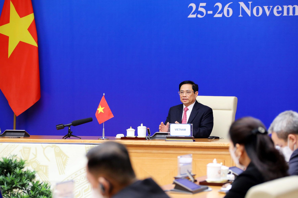 Thủ tướng Chính phủ Phạm Minh Chính phát biểu tại Hội nghị Cấp cao Á-Âu (ASEM) lần thứ 13. (Ảnh: Lâm Khánh/TTXVN)