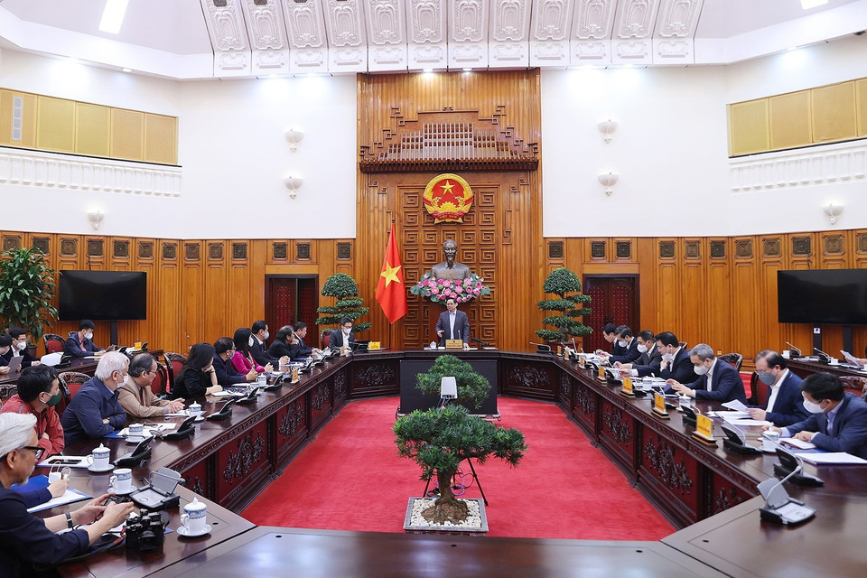 Quang cảnh buổi làm việc của Thủ tướng Phạm Minh Chính với Liên hiệp các Hội Văn học nghệ thuật Việt Nam. (Ảnh: Dương Giang/TTXVN)