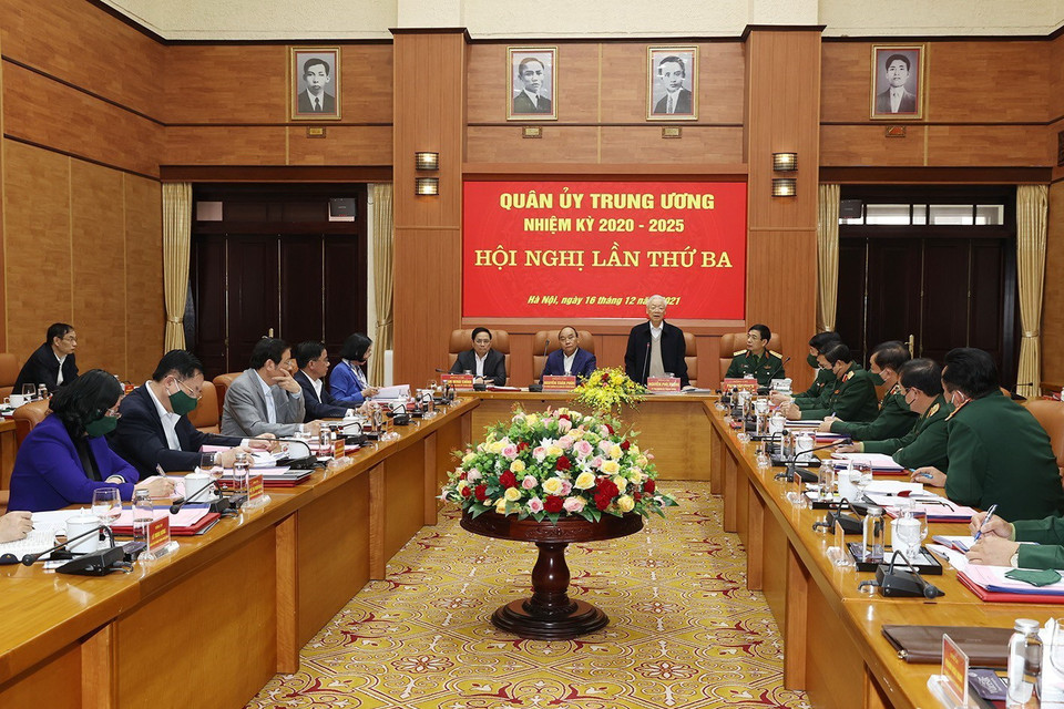 Tổng Bí thư Nguyễn Phú Trọng, Bí thư Quân ủy Trung ương phát biểu kết luận hội nghị. (Ảnh: Trí Dũng/TTXVN)