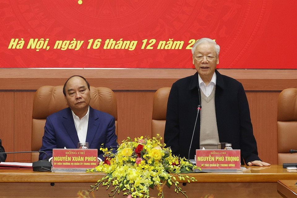 Tổng Bí thư Nguyễn Phú Trọng, Bí thư Quân ủy Trung ương phát biểu kết luận hội nghị. (Ảnh: Trí Dũng/TTXVN)