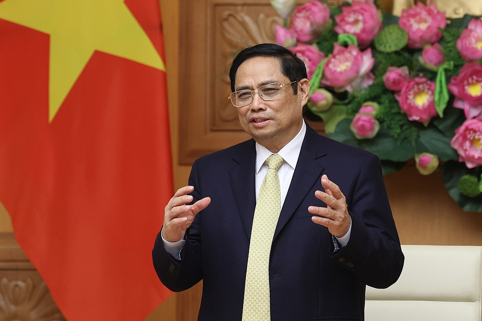 Thủ tướng Phạm Minh Chính phát biểu tại buổi tiếp Trưởng đại diện các Tổ chức Liên hợp quốc tại Việt Nam. (Ảnh: Dương Giang/TTXVN)