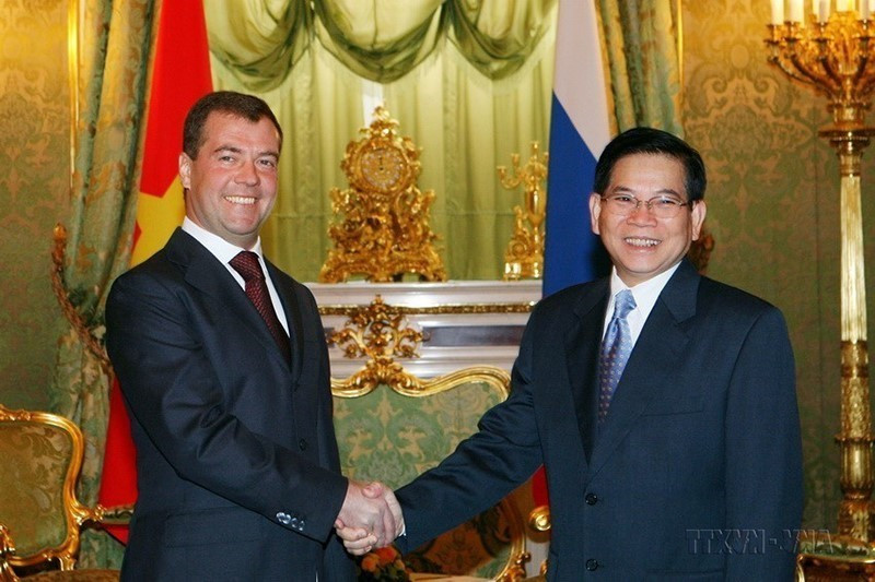Ngày 27/10/2008, tại Điện Kremlin, Tổng thống Liên bang Nga Dmitry Medvedev hội kiến Chủ tịch nước Nguyễn Minh Triết thăm chính thức Liên bang Nga. (Ảnh: Nguyễn Khang/TTXVN)