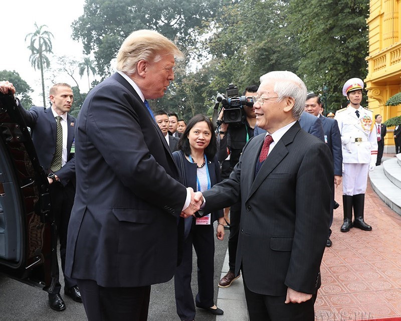 Sáng 27/2/2019, Tổng Bí thư, Chủ tịch nước Nguyễn Phú Trọng tiếp và hội đàm với Tổng thống Mỹ Donald Trump nhân dịp sang Việt Nam dự Hội nghị thượng đỉnh Mỹ-Triều Tiên lần thứ hai. (Ảnh: Trí Dũng/TTXVN)