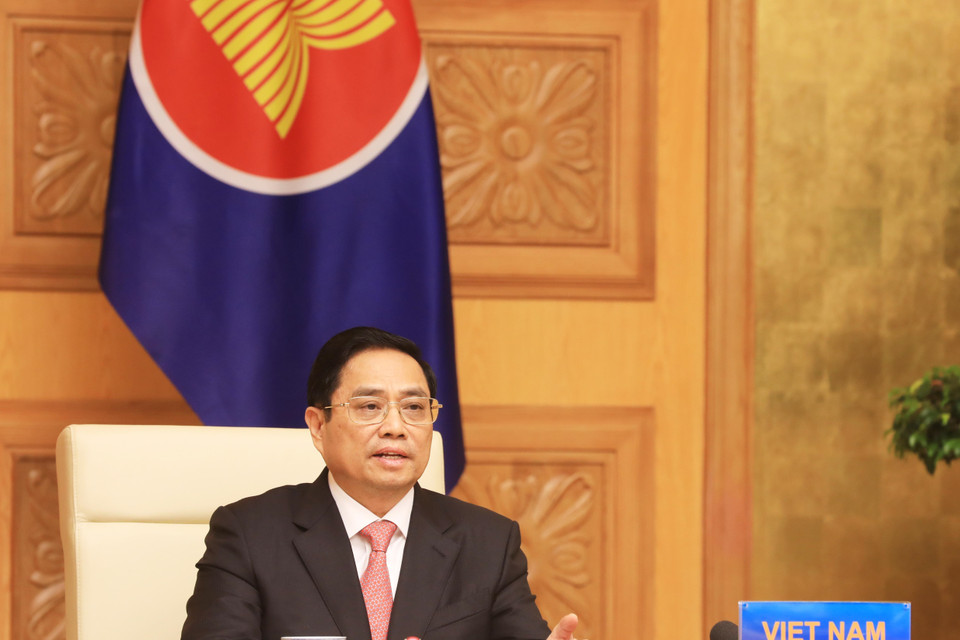 Thủ tướng Chính phủ Phạm Minh Chính phát biểu tại Hội nghị cấp cao đặc biệt kỷ niệm 30 năm quan hệ ASEAN-Trung Quốc. (Ảnh: Lâm Khánh/TTXVN)