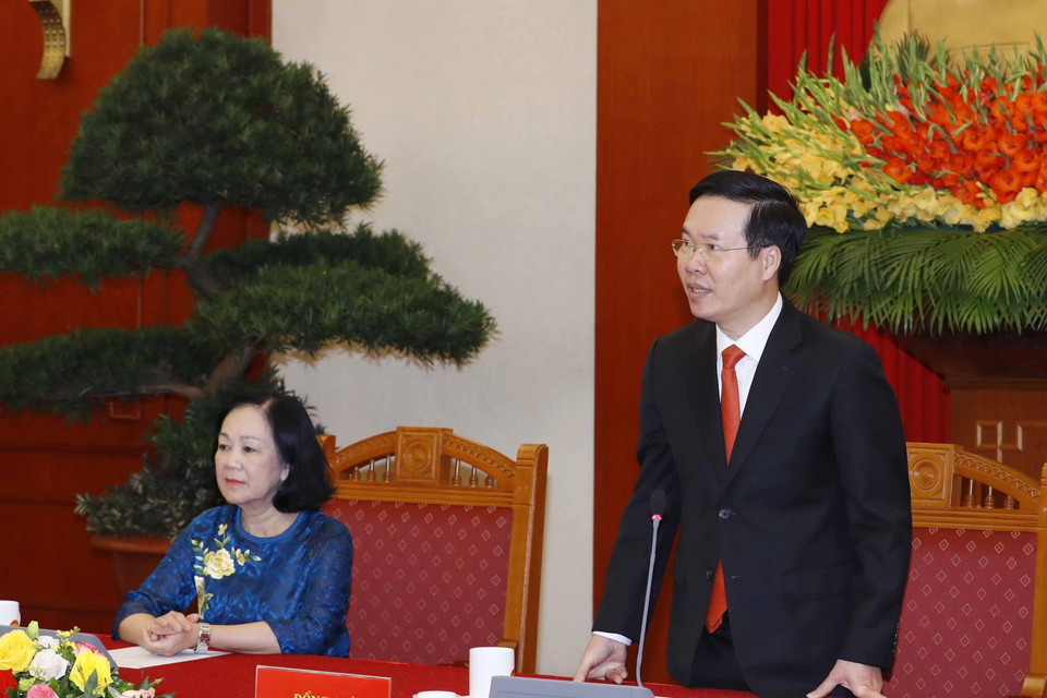 Ông Võ Văn Thưởng, Ủy viên Bộ Chính trị, Thường trực Ban Bí thư phát biểu. (Ảnh: Phương Hoa/TTXVN)