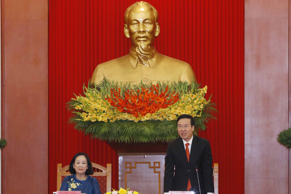 Ông Võ Văn Thưởng, Ủy viên Bộ Chính trị, Thường trực Ban Bí thư phát biểu tại hội nghị. (Ảnh: Phương Hoa/TTXVN)