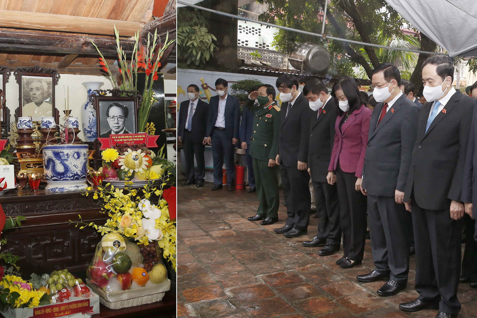 Chủ tịch Quốc hội Vương Đình Huệ và các đại biểu dự Lễ dâng hương Nhà Lưu niệm gốc đồng chí Lê Quang Đạo. (Ảnh: Doãn Tấn/TTXVN)