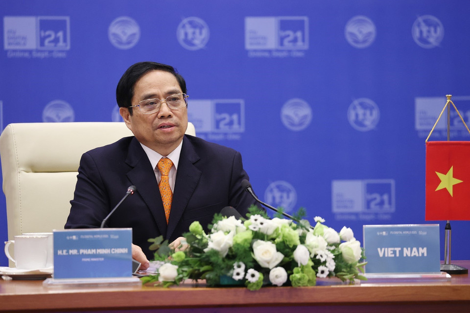 Thủ tướng Phạm Minh Chính phát biểu tại Hội nghị Bộ trưởng ITU Digital World 2021. (Ảnh: Dương Giang/TTXVN)