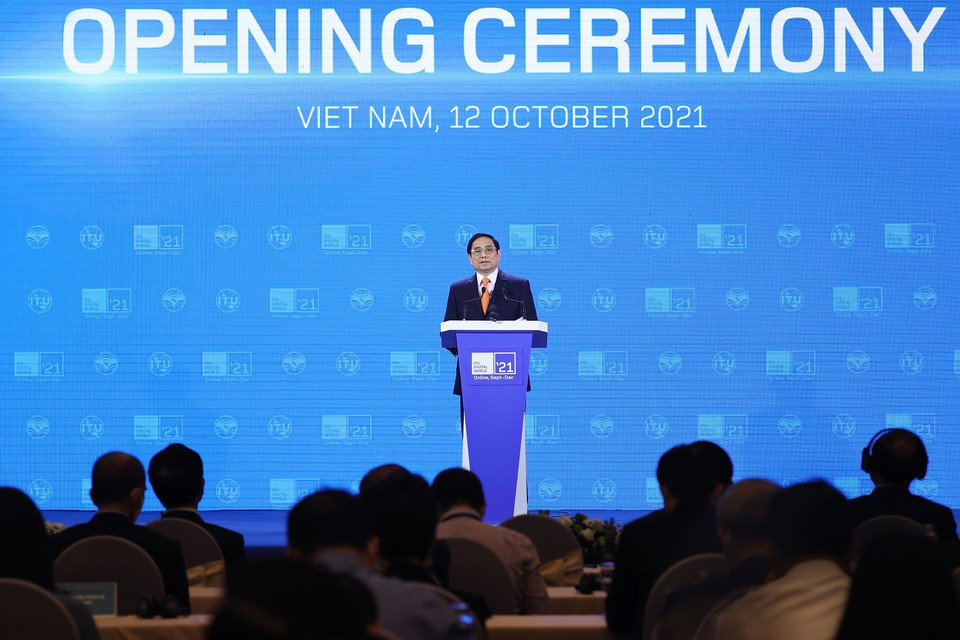 Thủ tướng Phạm Minh Chính phát biểu tại Triển lãm Thế giới số 2021. (Ảnh: Dương Giang/TTXVN)