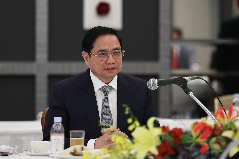  Thủ tướng Phạm Minh Chính phát biểu tại buổi làm việc với 3 đồng Chủ tịch Ủy ban kinh tế Việt Nam-Nhật Bản và Hiệp hội kinh tế Nhật Bản (Keidenren). (Ảnh: Dương Giang/TTXVN)