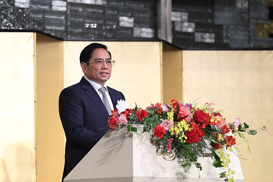 Thủ tướng Phạm Minh Chính phát biểu tại Hội nghị xúc tiến đầu tư Việt Nam-Nhật Bản với chủ đề 'Việt Nam-Nhật Bản nâng tầm quan hệ, hợp tác cùng phát triển.' (Ảnh: Dương Giang/TTXVN)