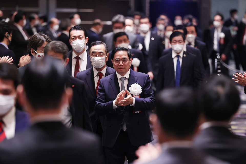 Thủ tướng Phạm Minh Chính dự Hội nghị xúc tiến đầu tư Việt Nam-Nhật Bản với chủ đề 'Việt Nam-Nhật Bản nâng tầm quan hệ, hợp tác cùng phát triển.' (Ảnh: Dương Giang/TTXVN)