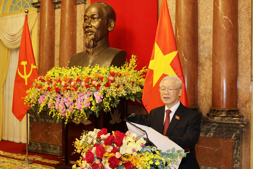 Tổng Bí thư Nguyễn Phú Trọng phát biểu tại Lễ bàn giao. (Ảnh: Trí Dũng/TTXVN)