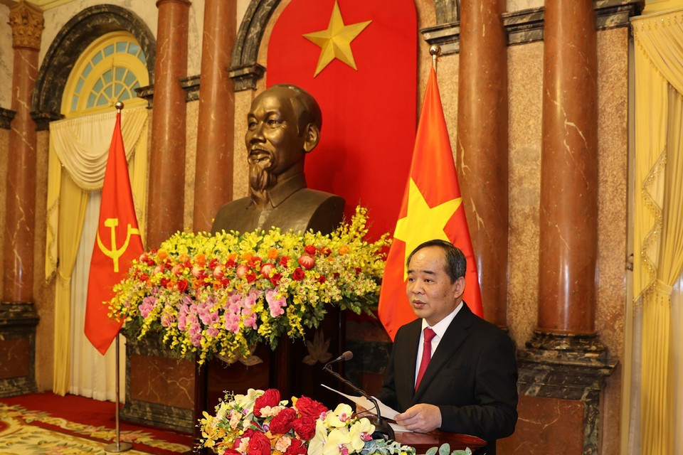 Chủ nhiệm Văn phòng Chủ tịch nước Lê Khánh Hải phát biểu tại Lễ bàn giao. (Ảnh: Trí Dũng/TTXVN)