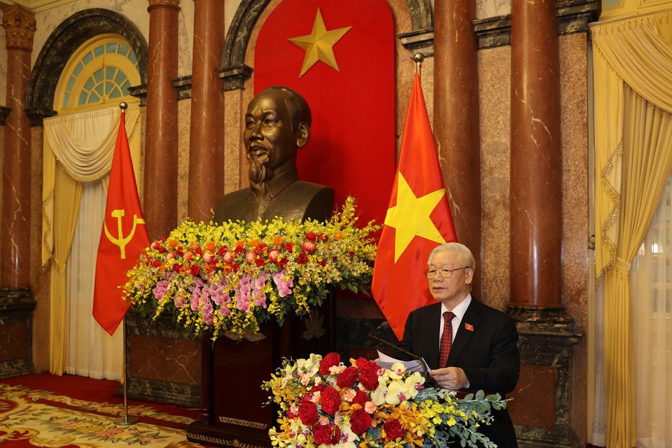 Tổng Bí thư Nguyễn Phú Trọng phát biểu tại Lễ bàn giao. (Ảnh: Trí Dũng/TTXVN)