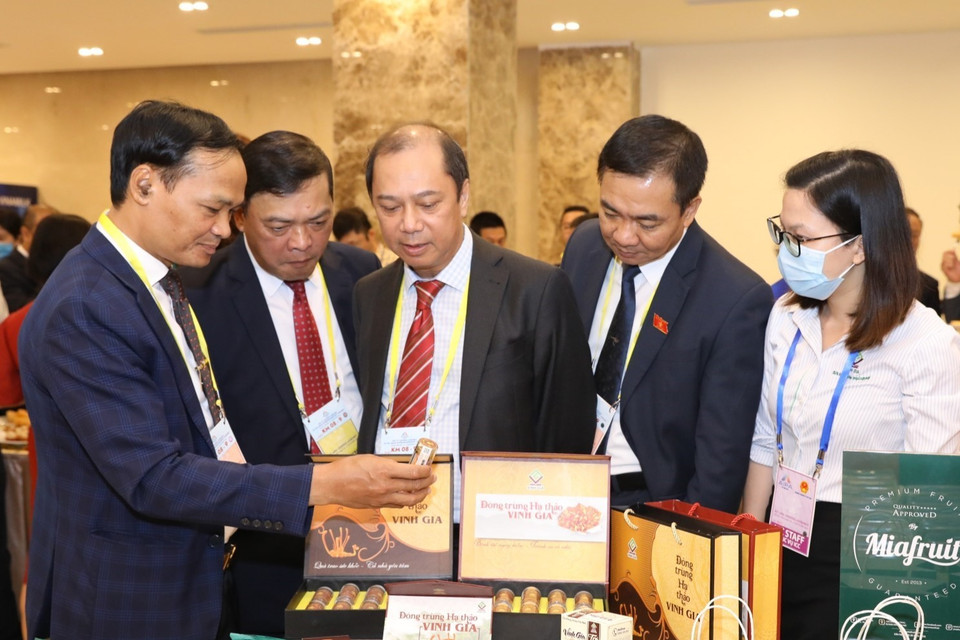  Thứ trưởng Bộ Ngoại giao Nguyễn Quốc Dũng và các đại biểu quốc tế tham quan các gian hàng bên lề lễ khai mạc. (Ảnh: Văn Điệp/TTXVN)