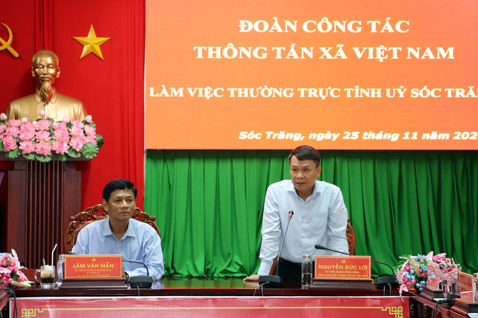 Đồng chí Nguyễn Đức Lợi, Ủy viên Trung ương Đảng, Tổng Giám đốc Thông tấn xã Việt Nam phát biểu tại buổi làm việc.(Ảnh: Trung Hiếu/TTXVN)