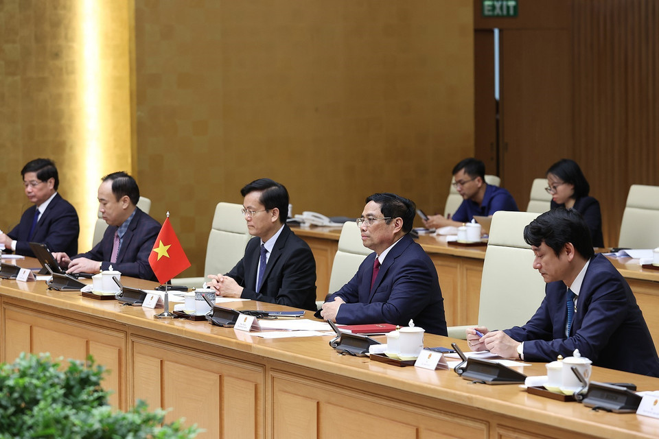 Thủ tướng Phạm Minh Chính phát biểu tại buổi tiếp Chủ tịch Quốc hội Cộng hoà Mozambique. (Ảnh: Dương Giang/TTXVN)