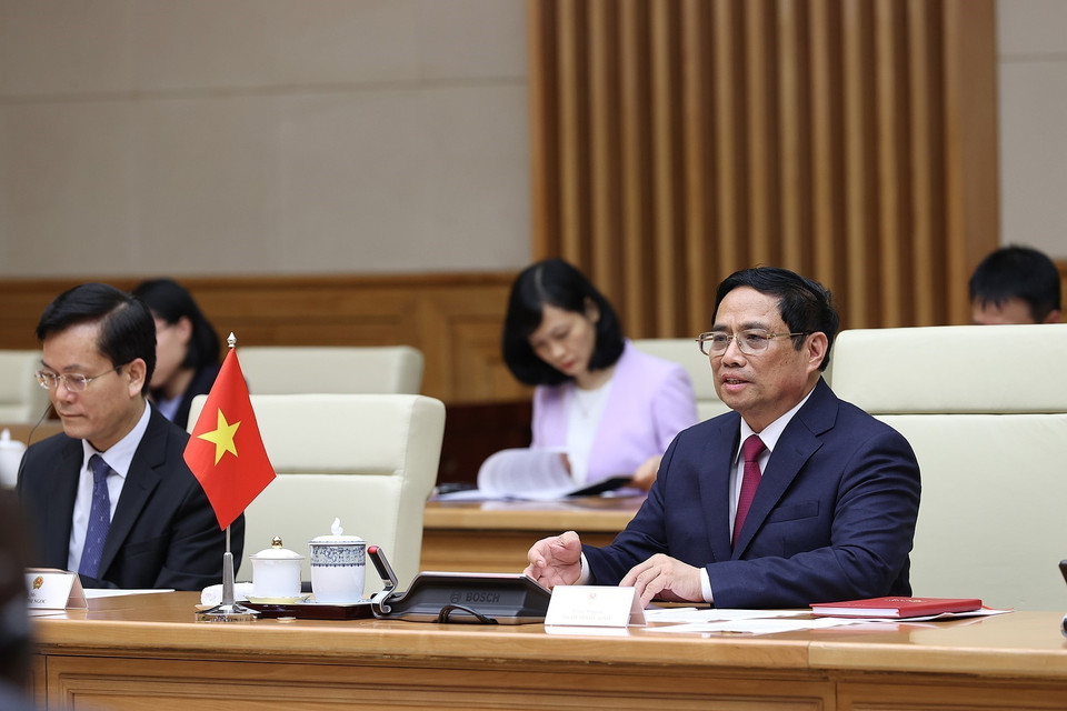 Thủ tướng Phạm Minh Chính phát biểu tại buổi tiếp Chủ tịch Quốc hội Cộng hoà Mozambique. (Ảnh: Dương Giang/TTXVN)