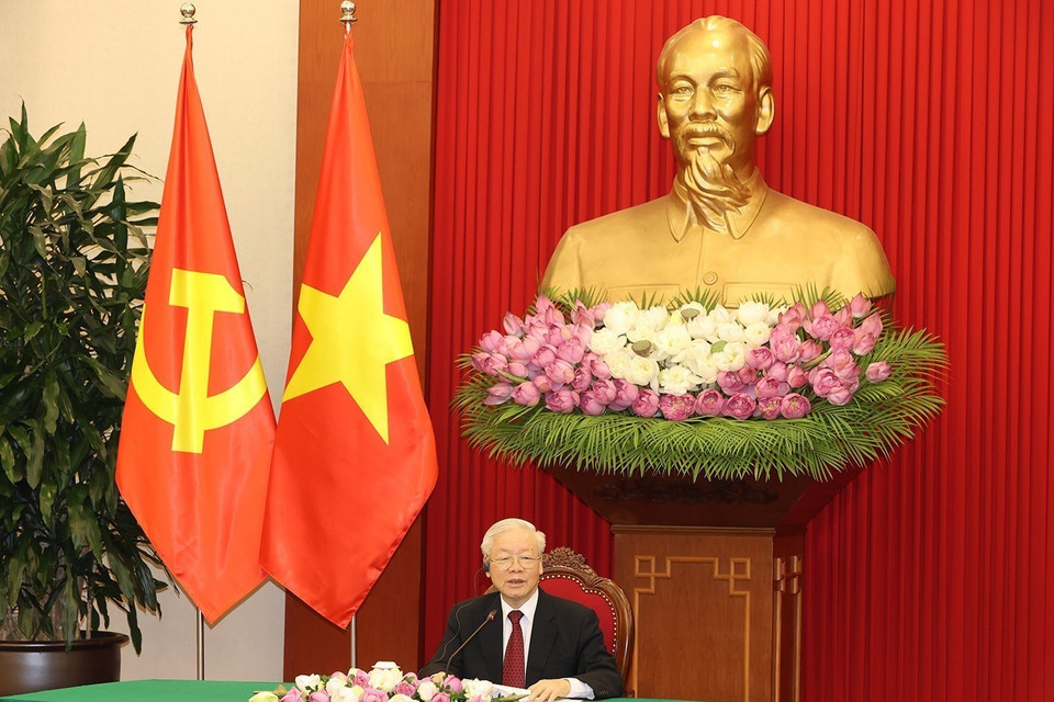 Chiều 6/6, Tổng Bí thư Nguyễn Phú Trọng hội đàm trực tuyến với Chủ tịch Đảng Mặt trận Giải phóng Mozambique (FRELIMO), Tổng thống Mozambique Filipe Jacinto Nyusi. (Ảnh: Trí Dũng/TTXVN)