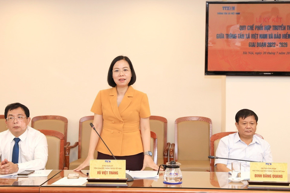 Tổng Giám đốc Thông tấn xã Việt Nam Vũ Việt Trang phát biểu tại buổi lễ. (Ảnh: Tuấn Anh/TTXVN)