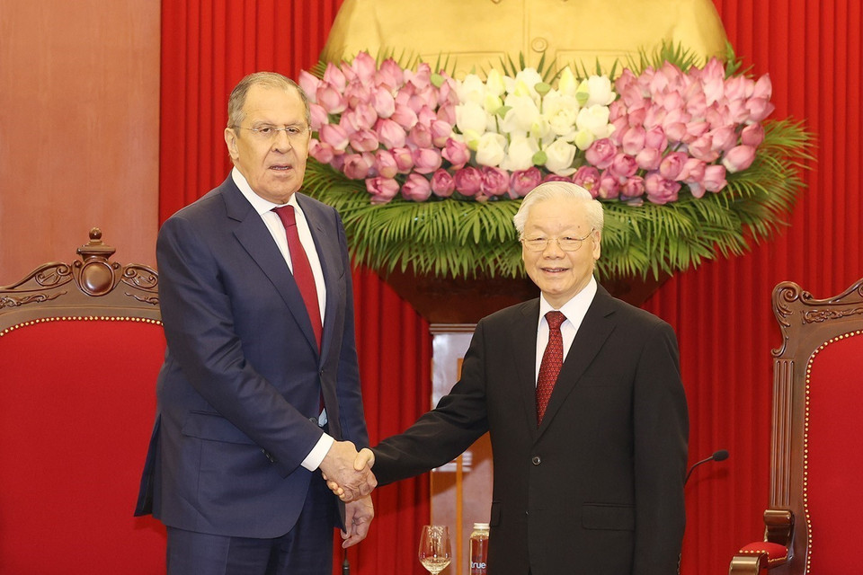 Tổng Bí thư Nguyễn Phú Trọng tiếp Bộ trưởng Ngoại giao Liên bang Nga Sergey Lavrov. (Ảnh : Trí Dũng/TTXVN)